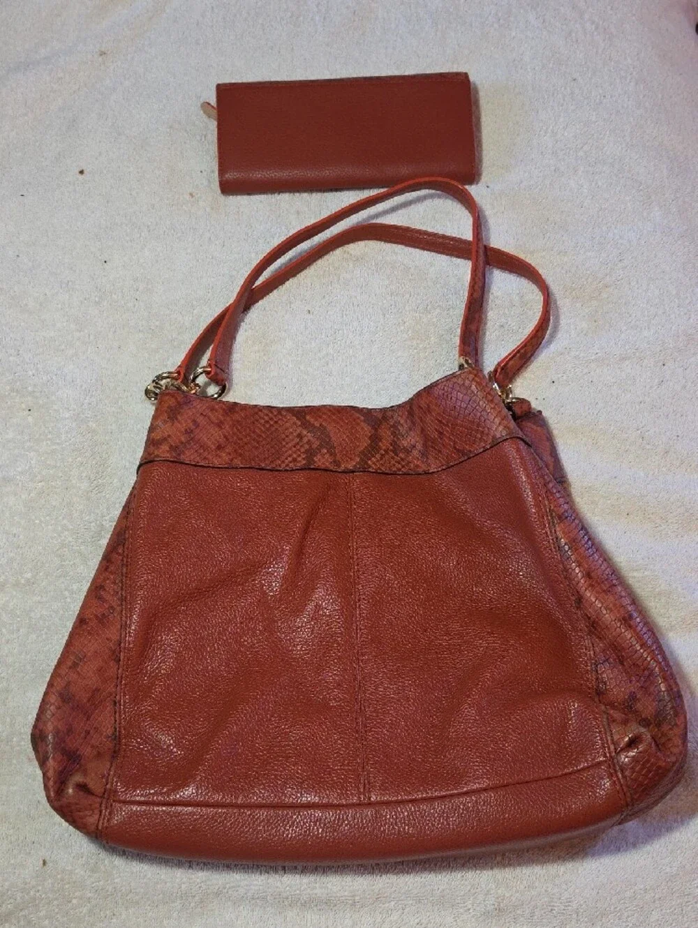 Coach Rust Leather Shoulder Bag with Snakeskin-Print Trim